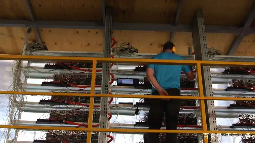 A large mining farm with rows of mining rigs.