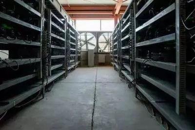A vast cryptocurrency mining farm with rows of mining rigs operating 24/7
